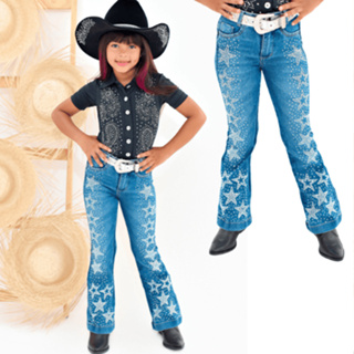 Calça Flare Feminina Infantil e Juvenil Meninas Strass com Brilho Boca Larga Country Rodeio ESTRELA em Oferta na Shopee