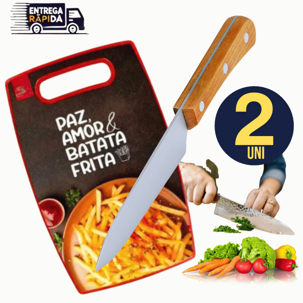 KIT 02 - Tabua para Cortes Estampada Linha Premium Variáveis Utilidades Faca Cabo de Madeira 7" Resistência Durabilidade