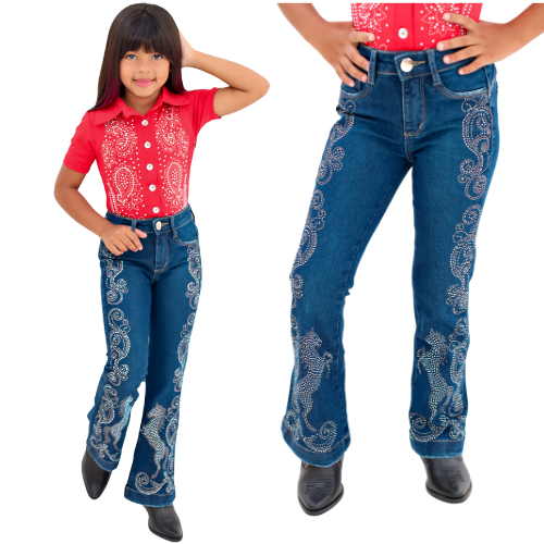 Calça Jeans Feminina Flare Rodeio Boiadeira Infantil e Juvenil Brilho Strass CAVALO Country Meninas Ana Castela
