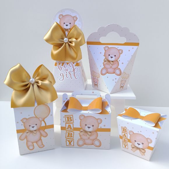 Kit Festa Chá Revelação Ursinho Dourado l Kit Caixas Personalizados l Lembrancinha para Festa l kit Caixas