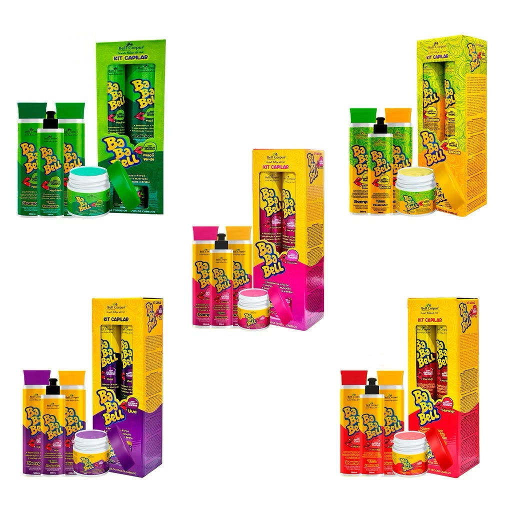 Kit Bababell Bell Corpus Cosméticos Hidratação e Nutrição dos Fios Sabores Uva,  Morango, Tutti Frutti e Banana