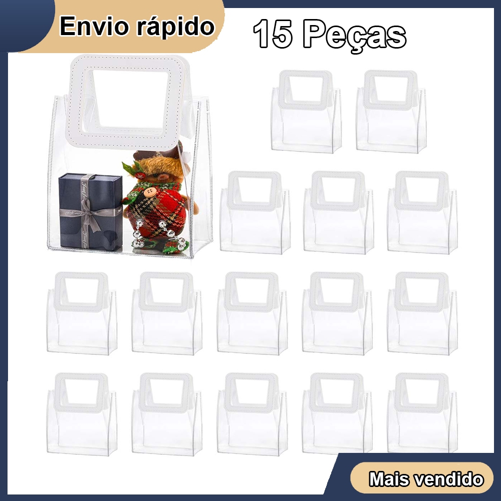 15 unidades de sacola portátil transparente com bolsa de plástico de ombro para presente de PVC 17x17x8,5 cm em Oferta na Shopee