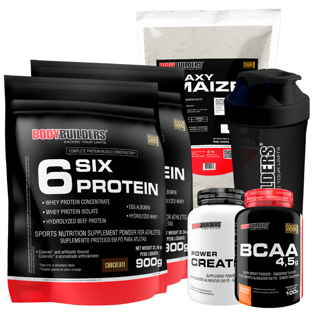 Kit 2x Whey Protein 6 Six Protein 900g + Waxy Maize + Creatina 100g + BCAA 100g + Shaker – Bodybuilders