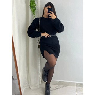 Vestido Tricot Mini Fio Mousse Quentinho Com Fenda Manga Longa Inverno