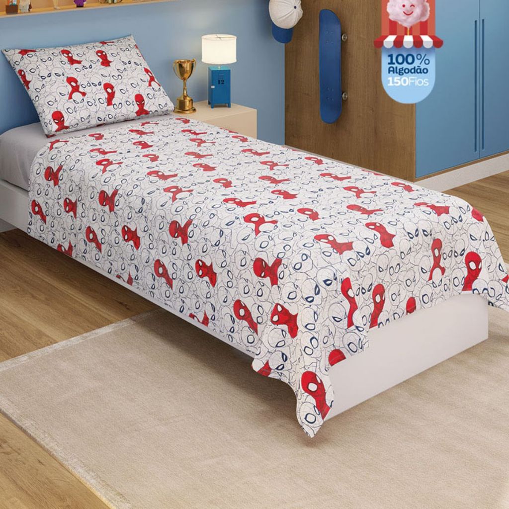 Jogo de Cama Infantil Spider Man Homem Aranha Lençol Solteiro Estampado1,40 m x 2,20 m Com 3 peças