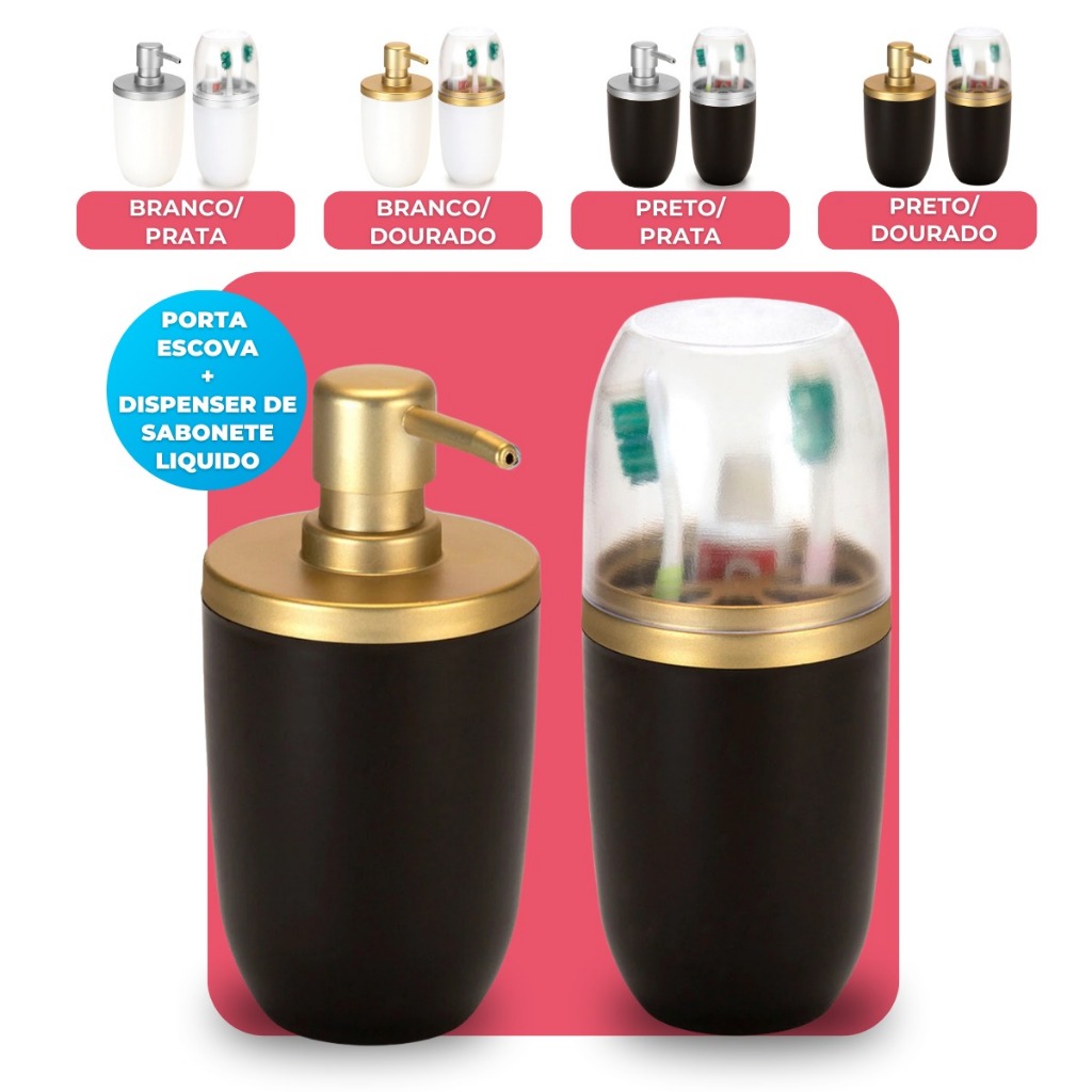 Kit Porta Escova Dispenser Porta Sabonete Saboneteira Líquido 500ml Premium Banheiro Lavabo Arthi em Oferta na Shopee