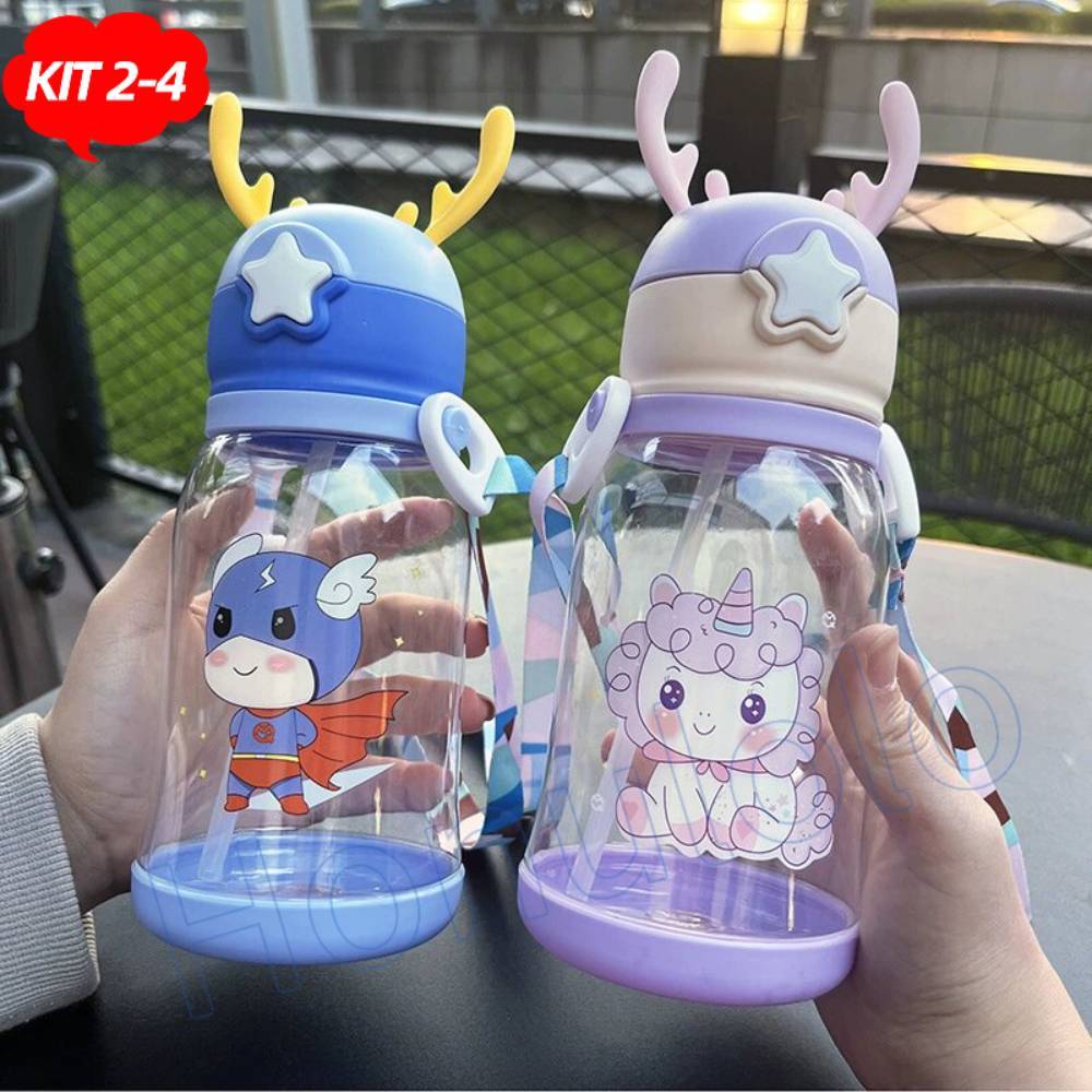 KIT2-KIT4 Garrafa De Alce Água Infantil Criança Portátil Com Canudo Desenho Fantasia Para ...
