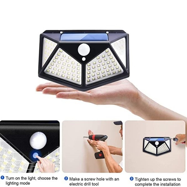 Kit C/4 Luminária Solar 100 Leds Com Sensor Presença Movimento Fotocélula Sem Fio à Prova D' Água