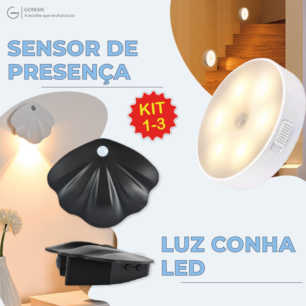 Luminária Led Sensor De Presença Automático Formato Concha Inteligente Recarregável USB em Oferta na Shopee