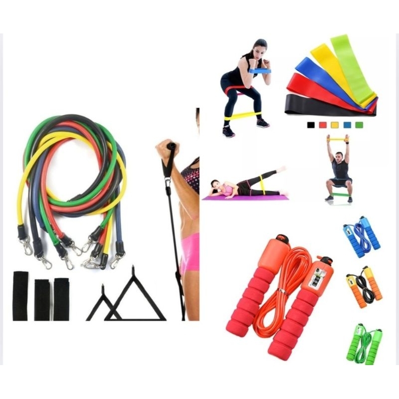 kit 11 Extensor Elástico Treino em Casa + Corda de Pular + Kit 5 Mini Band para Exercícios de Yoga Fisioterapia e Treino