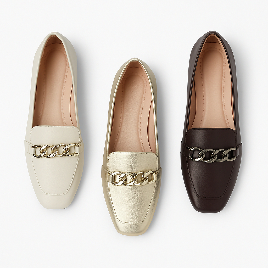 Sapatilha Feminina Confortável Luxo Elegante Sapato Feminino Mocassim Bico Quadrado Corrente