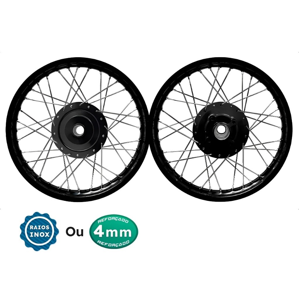 Imagem Par Rodas Montada Alinhada Aro Preto Cubo Preto Raio Cromado 4mm ou Inox Fan 125 09 Em Diante