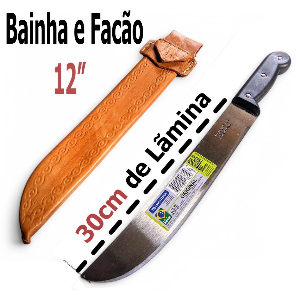 Facão Mato 12 Polegadas Tramontina Aço Carbono Cabo Plástico + Bainha em couro legítimo