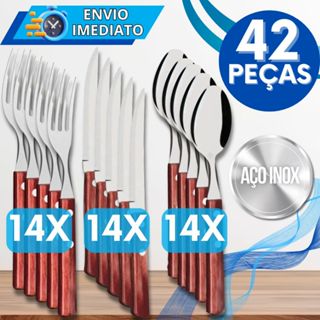 Jogo de Talher 42 Peças Inox com Cabo de Madeira 14 Faca 14 Garfo 14 Colher Jogo de Talher Resistente Faqueiro Bambu em Oferta na Shopee