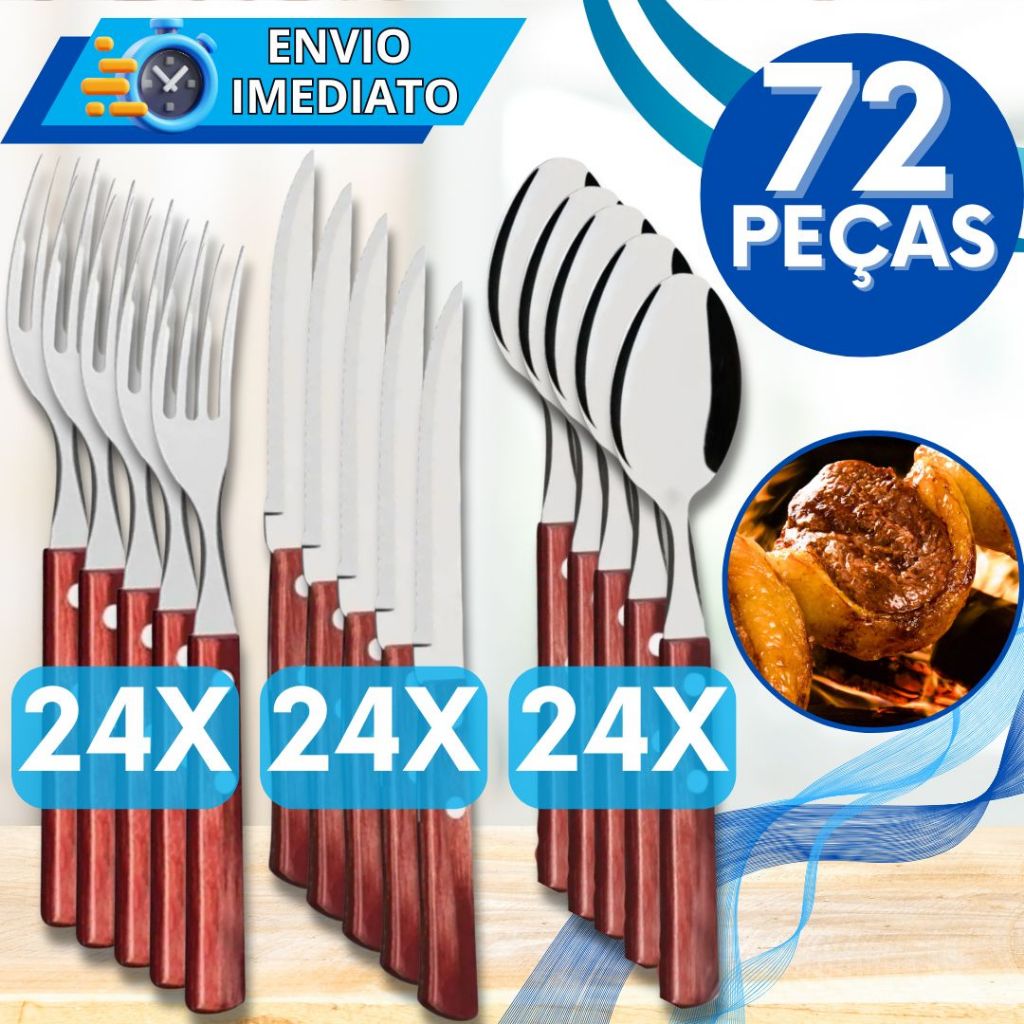 Jogo de Talher 72 Peças Inox com Cabo de Madeira 24 Faca 24 Garfo 24 Colher Jogo de Talher Resistente Faqueiro Bambu