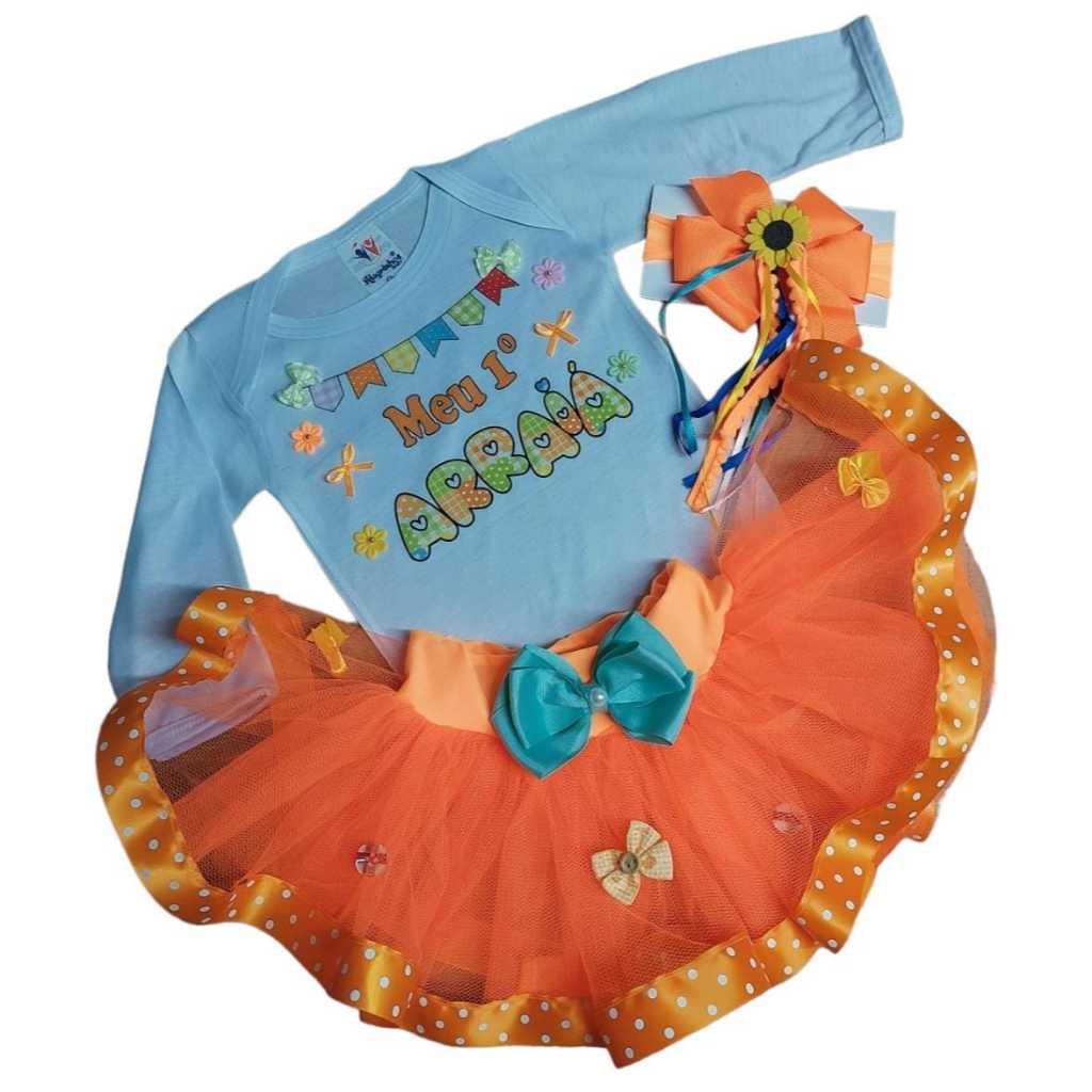 Body Manga Longa Meu Primeiro Arraiá Roupa Festa Junina Bebê Menina Conjunto Infantil Mesversário Com Saia Tutu e Laço