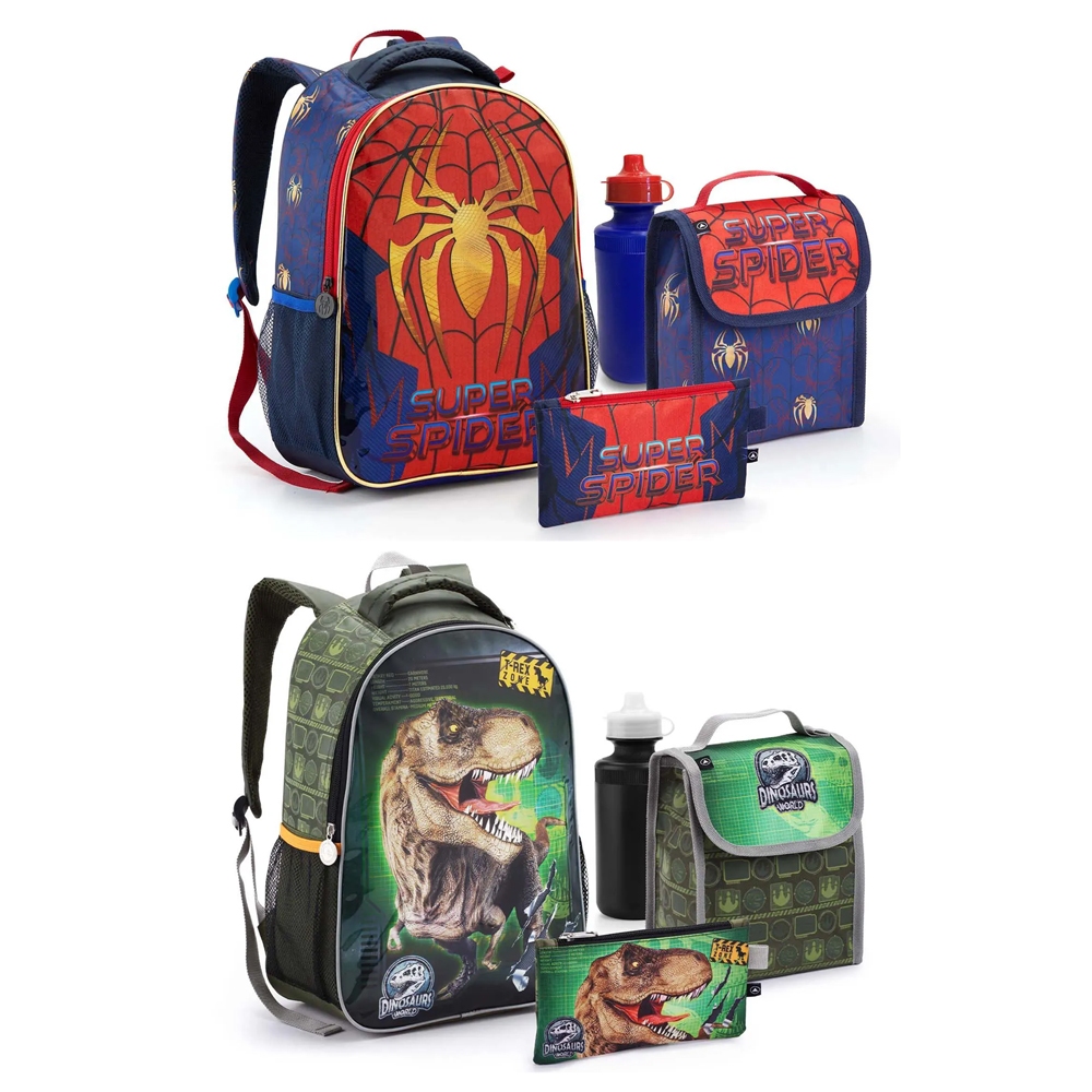 Kit Escolar 4 Peças com Mochila, Lancheira, Estojo e Garrafa Seanite Homem Aranha e Dinossauro