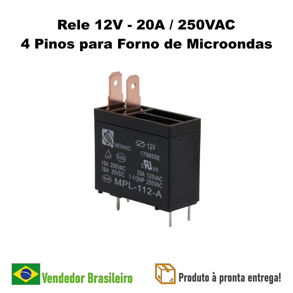 Rele Para Forno Microondas - 12V - 20A / 250VAC - 4 Terminais - Compatível Com Vários Microondas