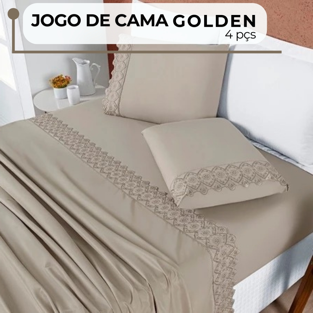 Jogo de Cama Lençol GOLDEN 300 Fios com Bordado Inglês Casal, Queen e King Premium 4 Peças em Oferta na Shopee