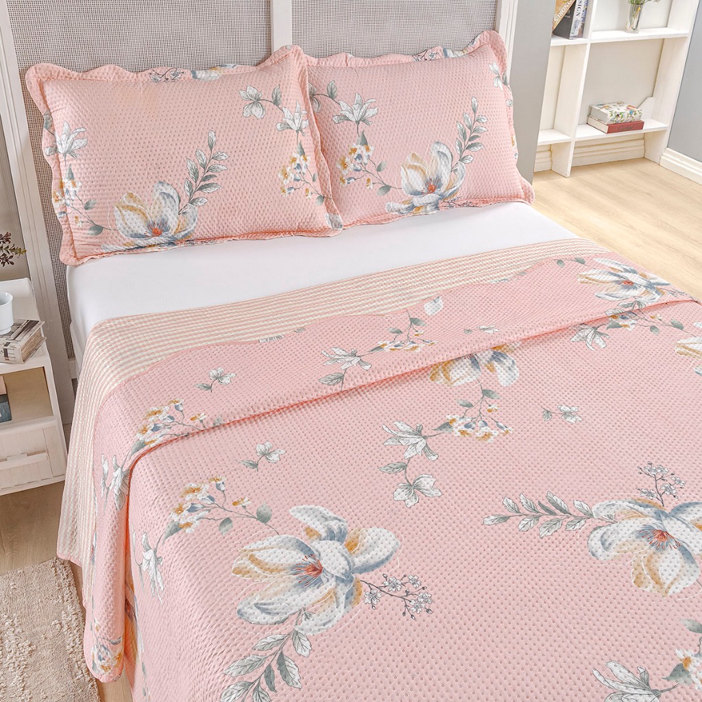 Kit Cobre Leito Colcha Casal Bouti 3 Peças Dupla Face Estampada Porta Travesseiro Aba Amer...