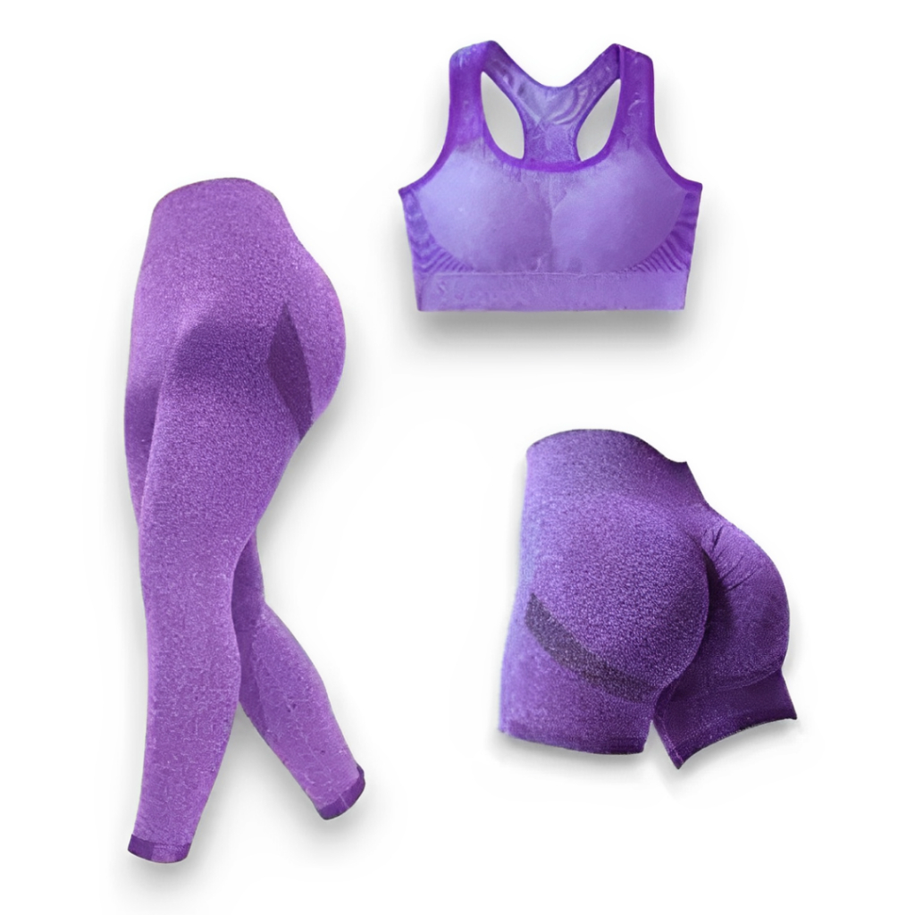 Conjunto Academia Fitness Feminino Leggings 1 Top 1 Shorts 1 Calça Levanta Bumbum Sem Costura E Bojo