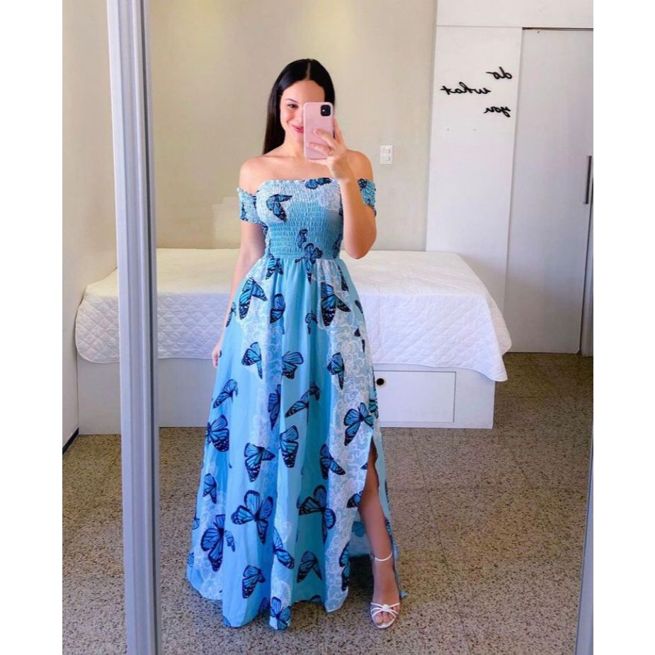 Vestido feminino longo lastex estampado moda evangélica luxo - REF 149