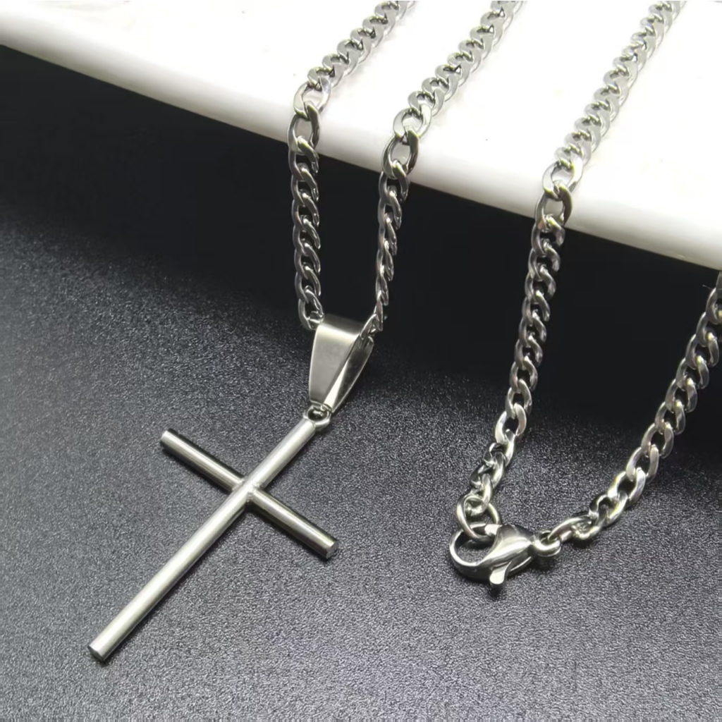 Kit Masculino Colar e Pulseira Aço Inox 316L - Corrente Prata com Pingente Cruz Ouro