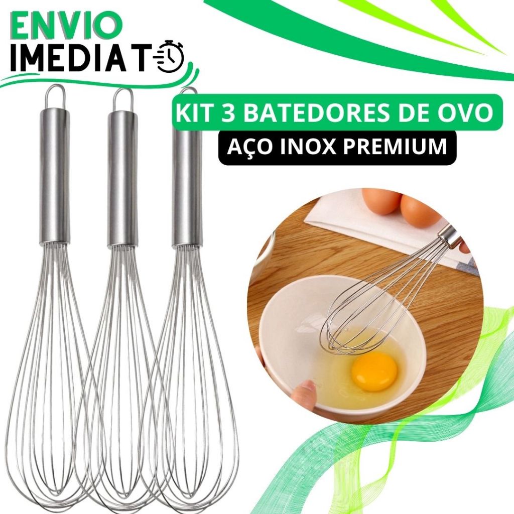 KIT 3 Batedor Ovos Fue Fuet Profissional Aço Inox Reforçado Super Resistente Para Casa Cozinha Restaurante Bolo