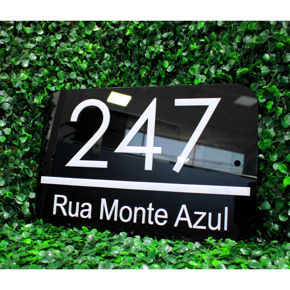 Placa Residencial Preto Com Número e Endereço (Casa, Loja, Condomínio) - 15x25cm