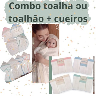 Toalha de banho bebê Toalhão infantil capuz bordado 3camadas fralda soft+kit 3 cueiros bordado COMBO em Oferta na Shopee