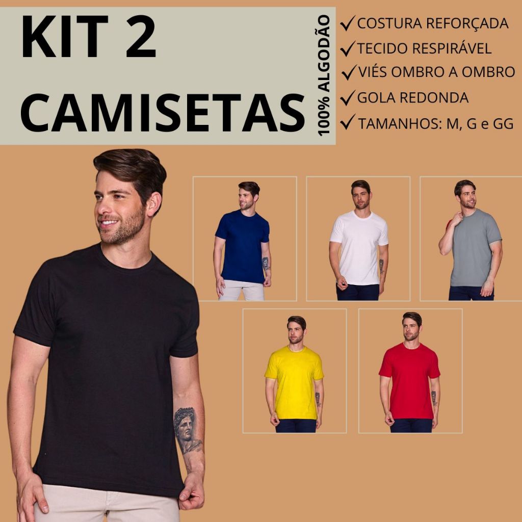 Kit 2 Camisetas básicas Masculina Casual 100% algodão academia