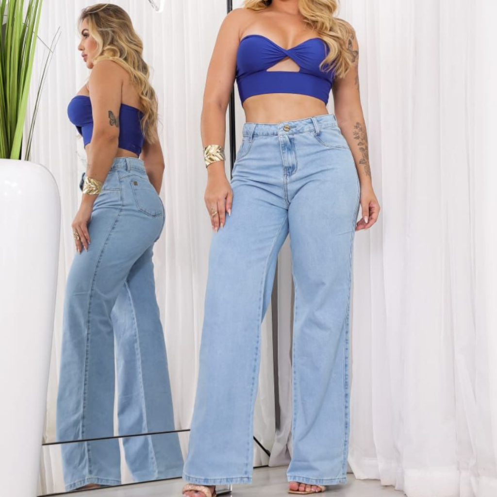 Calça  Calça Jeans Feminina Wide Leg Marmorizada Cintura Alta Sem Lycra 100% Algodão Pantalona
