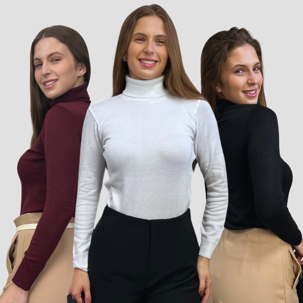 Kit 3 Blusas De Frio Feminina Cacharrel Tricô Manga Longa Botão Elastano Lã