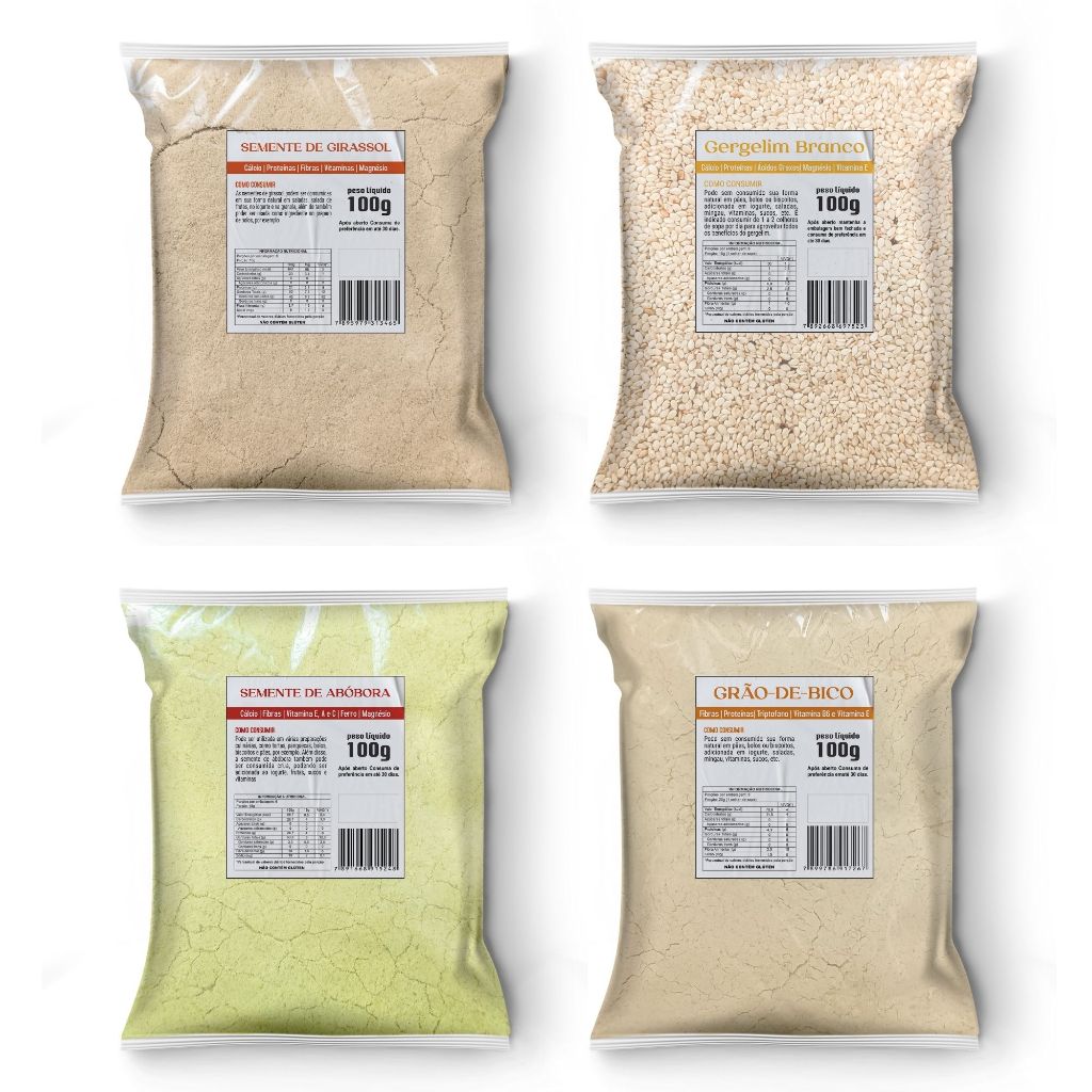 Gergelim, Farinha de Abobora, Farinha de Girassol e Grão de Bico em pó 100g (Bomba de Cálcio)
