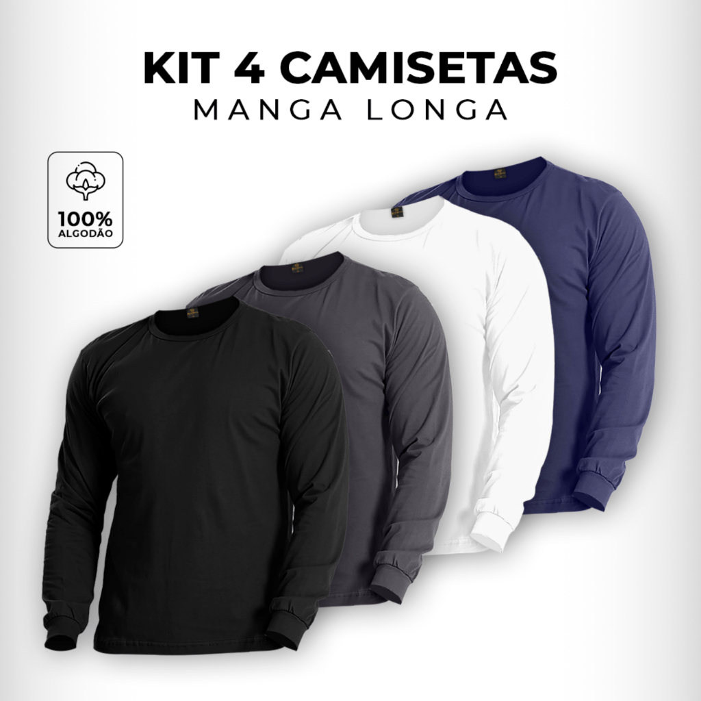 Kit 4 Camisetas Masculinas Inverno Manga Longa 100% Algodão Quentinho Manga Comprida Conforto Frio em Oferta na Shopee