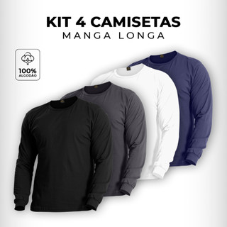 Kit 4 Camisetas Masculinas Inverno Manga Longa 100% Algodão Quentinho Manga Comprida Conforto Frio