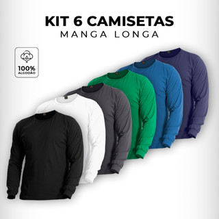 Kit 6 Camisetas Manga Longa Masculina 100% Algodão Conforto Casual Inverno Frio Dia a Dia Quentinho