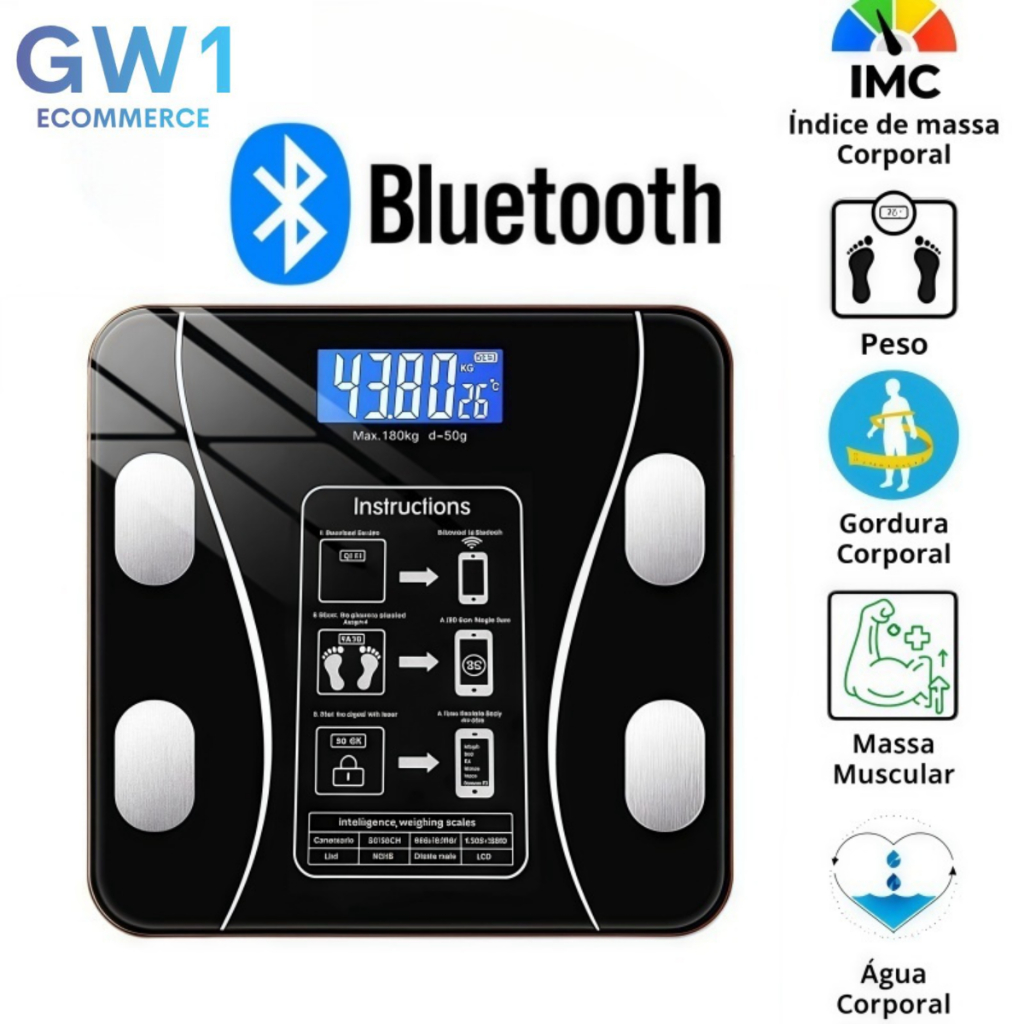 Balança Digital Medidora Corporal Bioimpedância Profissional Bluetooth 180Kg