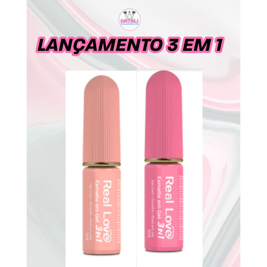 Kit Esmalte Gel 3x1 em 2 Tons Base Esmalte Top Coat Real Love 5ml