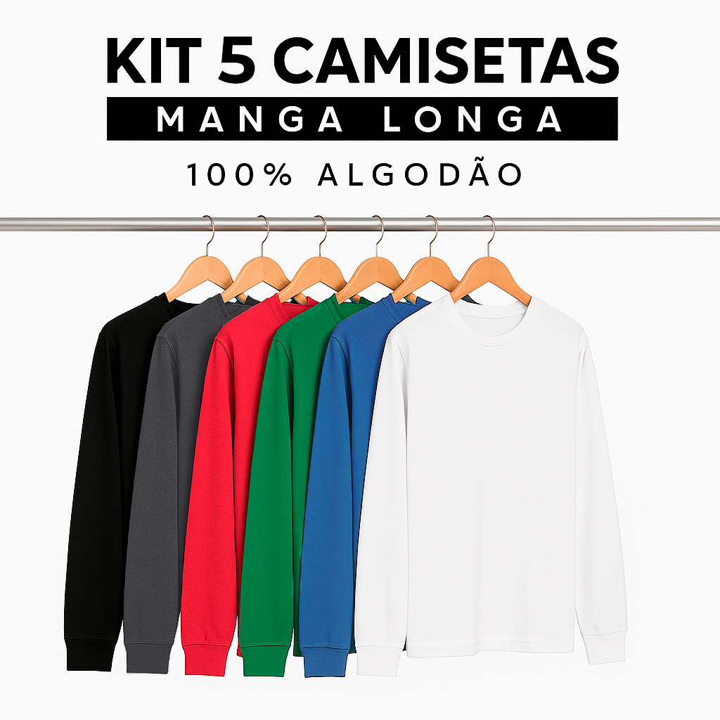 Kit 5 Camisetas Masculinas Manga Longa Comprida 100% Algodão Slim Inverno Confortável Tecido Quente