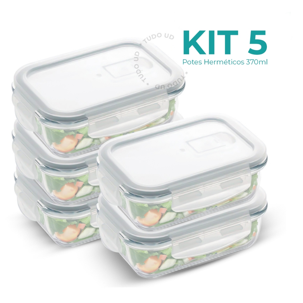 Conjunto 5/10  Potes Hermético Vidro 4 Travas Marmita 370ml em Oferta na Shopee