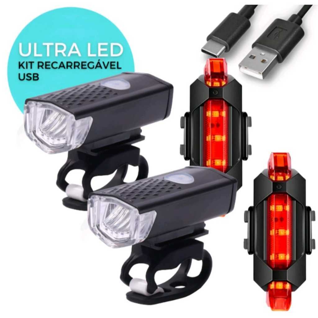 Kit Farol Lanterna Bike LED Usb Recarregável Ciclismo Sinalizador Traseira Recarregável Bicicleta Segurança - Sports & Outdoors
