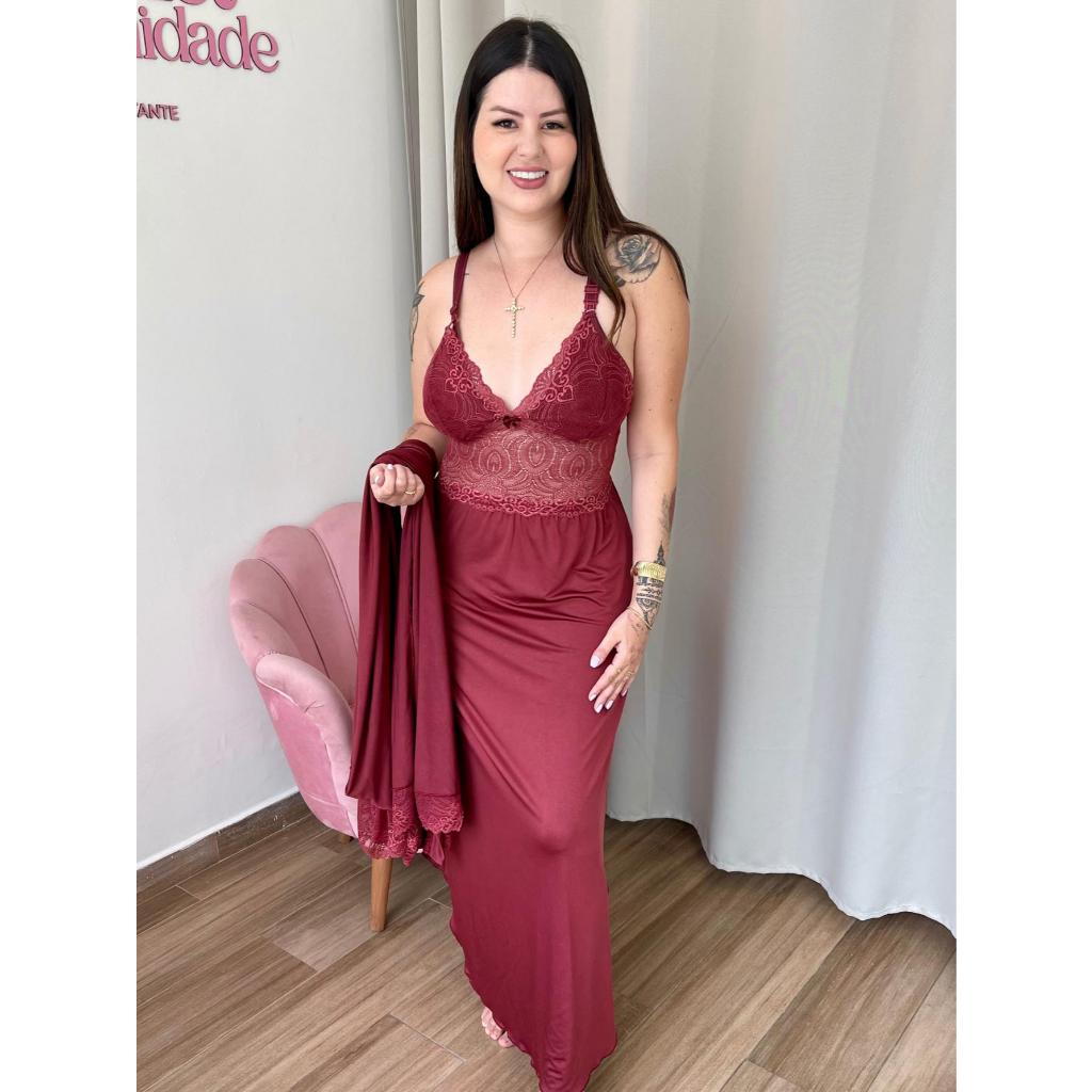 Kit Camisola longa Gestante Amamentação Com Robe Com Abertura Grávida casa saída maternidade renda c abertura amamentaçã — imagem 2 de 2