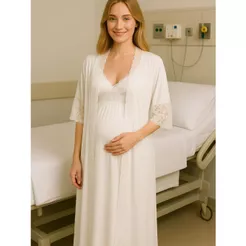 Kit Camisola longa Gestante Amamentação Com Robe Com Abertura Grávida casa saída maternidade renda c abertura amamentaçã