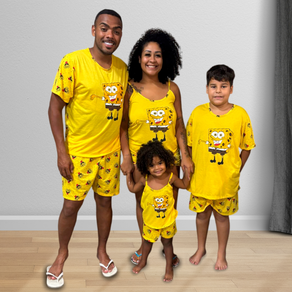 Kit Pijama Família Bob Esponja Estampado Combinando Verão Estampas Divertidas Conforto Premium