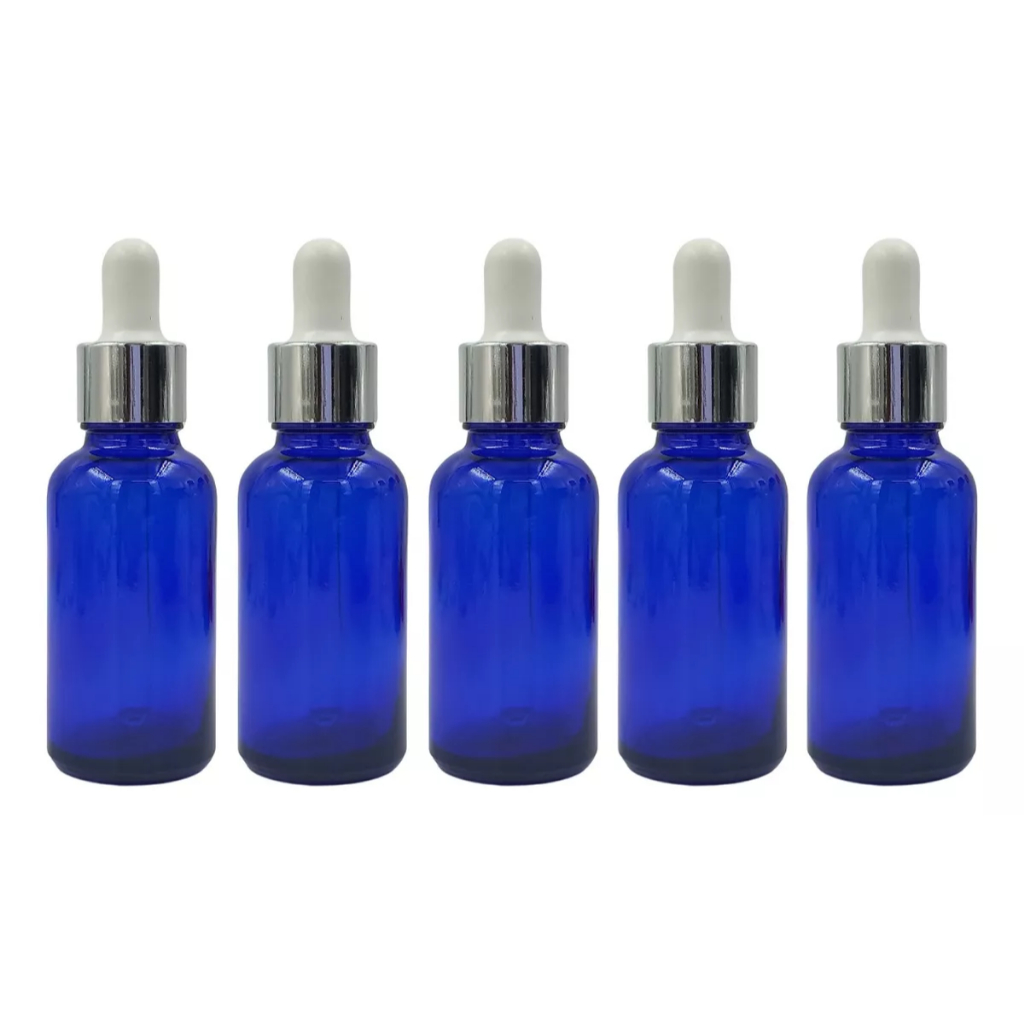 20 ou 40 Frascos De Vidro Azul Conta Gotas gotejador 30ml Tampa Prata Premium