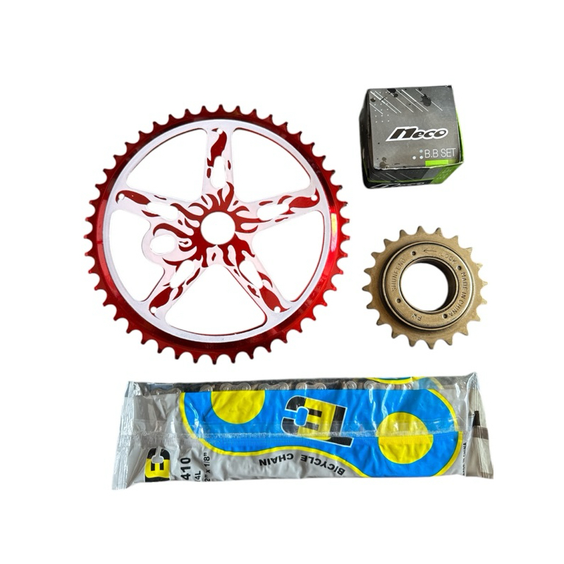 KIT RELAÇÃO DE TRANSMISSÃO ÚNICA PARA BIKE - CATRACA/ COROA/ CORRENTE E CAIXA DE CENTRO