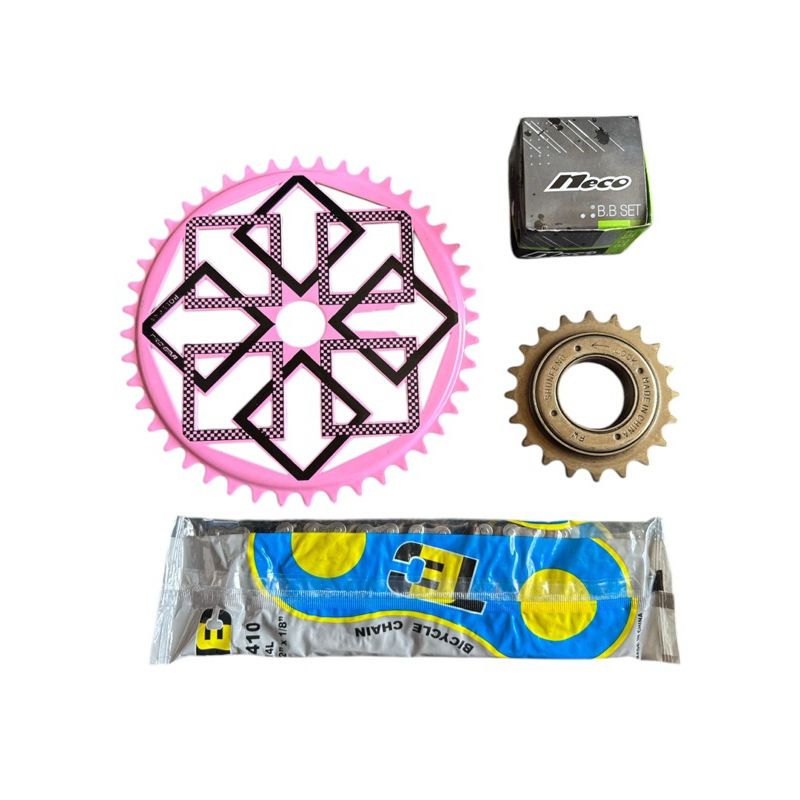KIT RELAÇÃO DE TRANSMISSÃO ÚNICA PARA BIKE - CORRENTE/ CATRACA/ COROA E CAIXA DE CENTRO