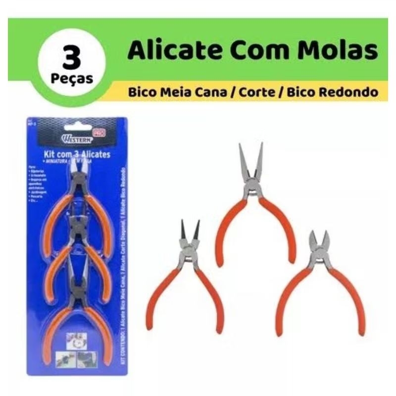 Alicate de Precisão mini Mola Kit 3 alicates/Artesanato, Bijuteria,Jardinagem/Bico Meia Cana,Corte Diagonal,Bico Redonda