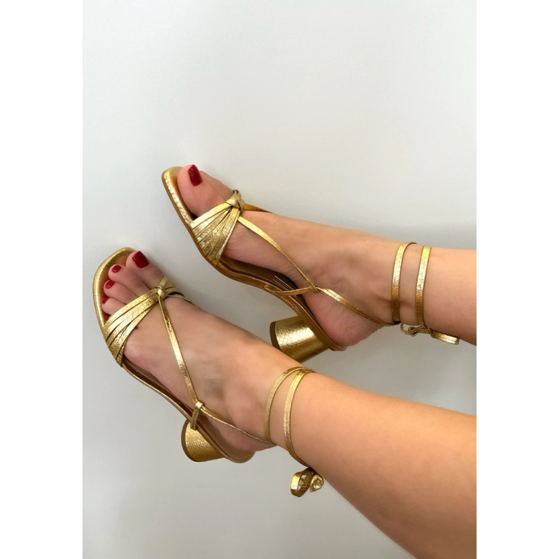 Sandália de Amarrar Feminina Salto Bloco Baixo  Dourado Uza Shoes